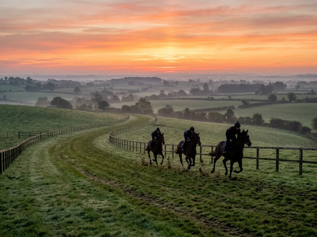 Ballydoyle training grounds with silhouettes of horses on the gallops at dawn