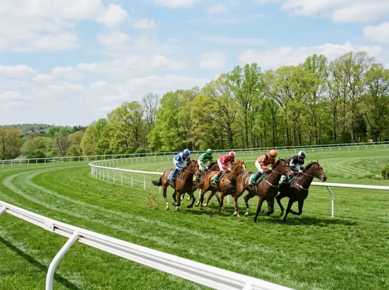 Runners in a Derby trial race at York rounding the bend in spring conditions