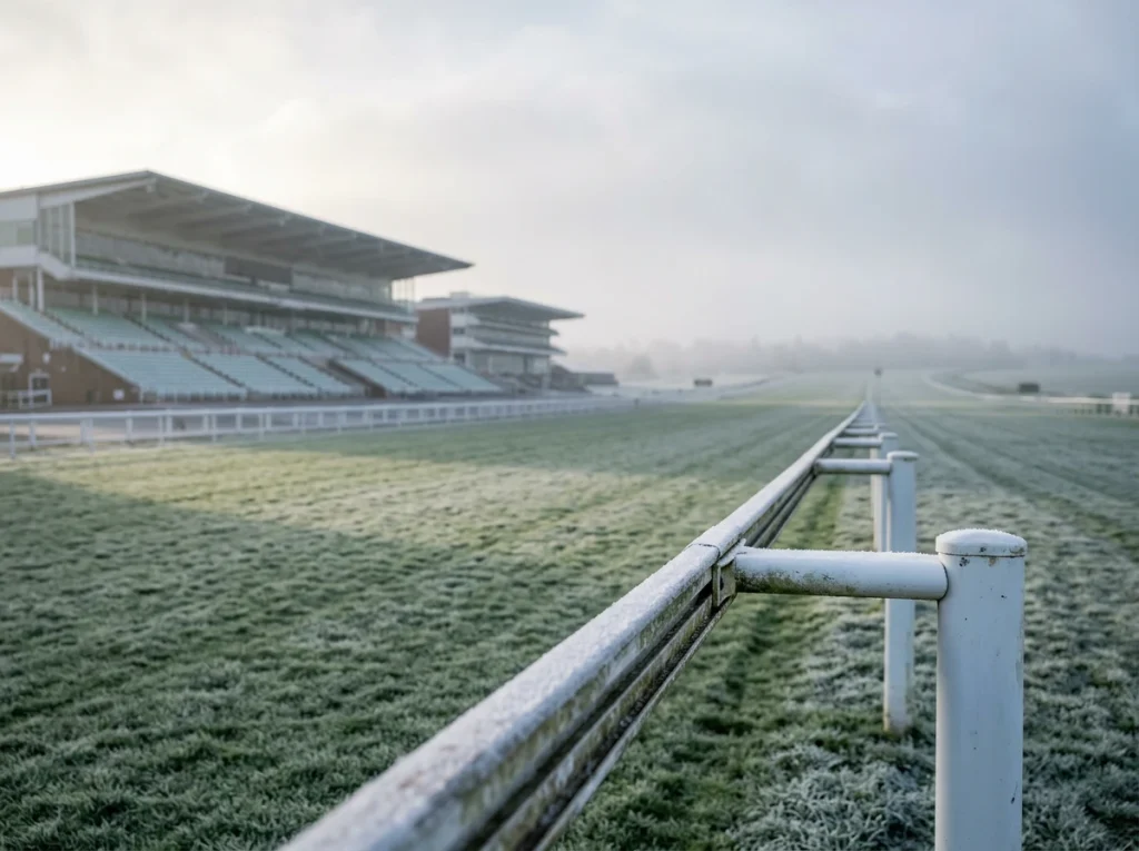 Empty Epsom Downs grandstand in winter with the course stretching into the distance