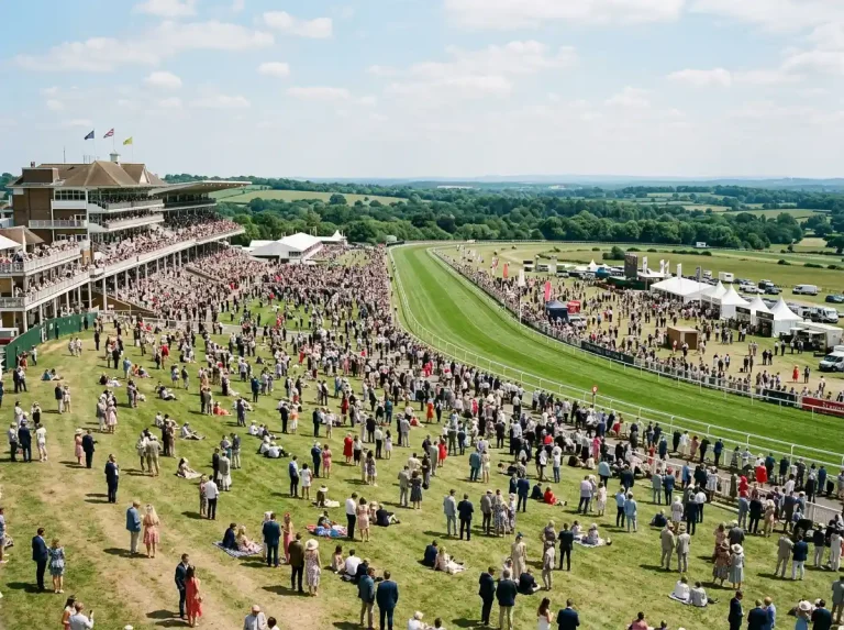 Panoramic view of the Epsom Downs grandstand and Hill with crowds on Derby day