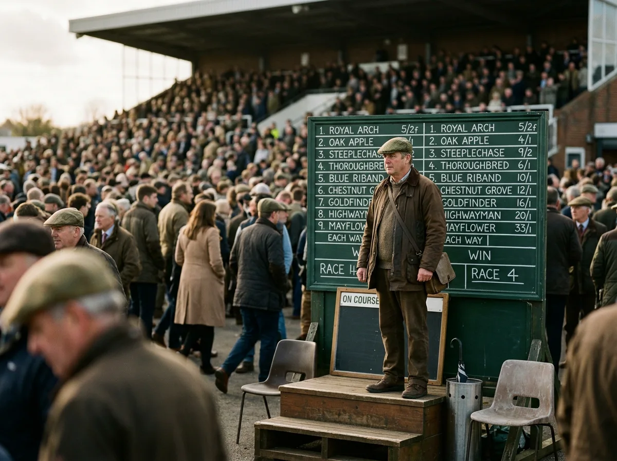 On-course bookmaker boards at a British racecourse showing odds for a flat racing meeting