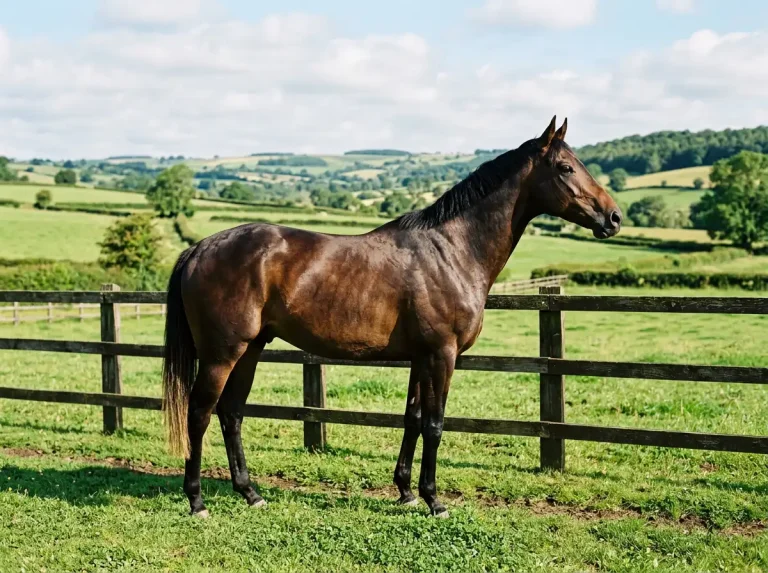 Thoroughbred stallion in a paddock with a pedigree chart overlay