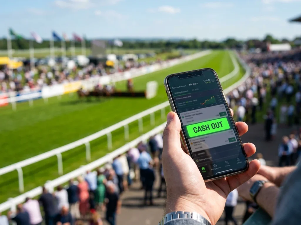Mobile betting app showing a cash-out offer on an Epsom Derby ante-post bet