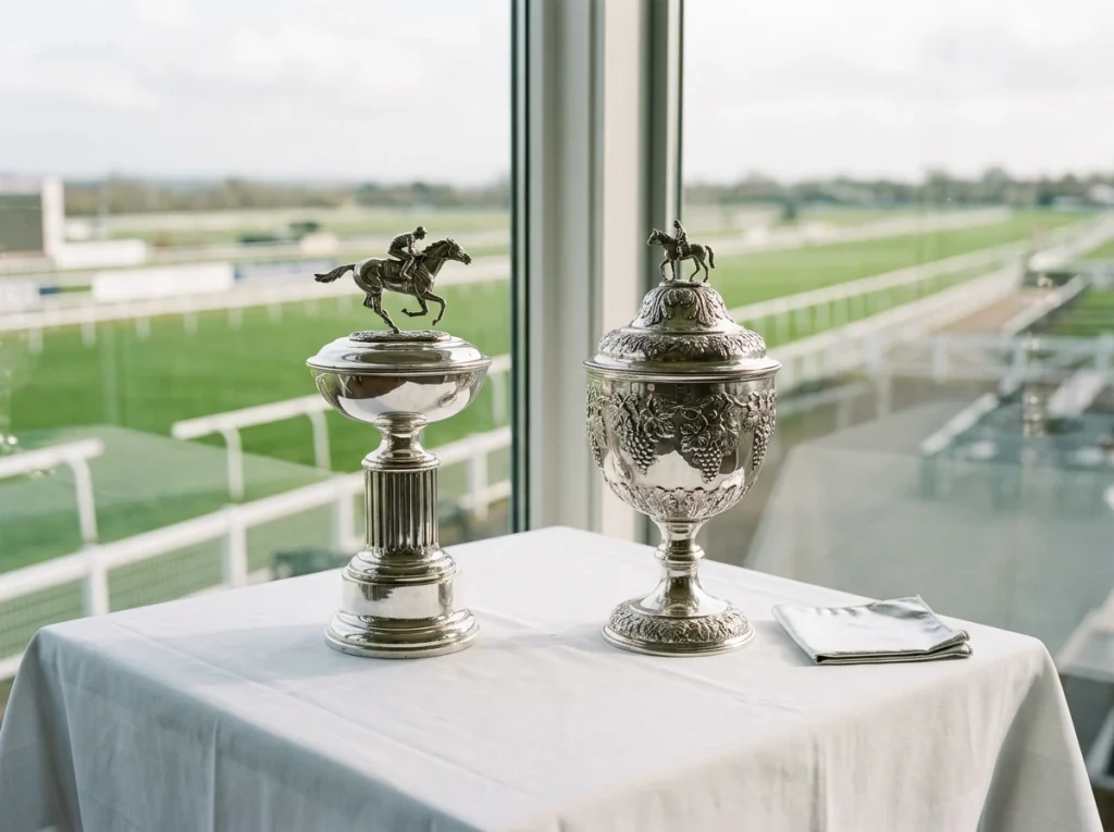 Two Group 1 race trophies side by side representing the Derby and Coronation Cup double