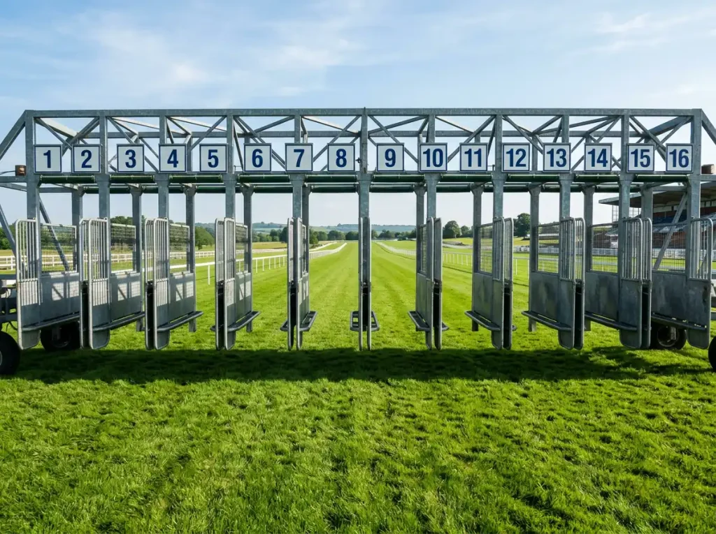 Starting stalls at Epsom Downs with numbered gate positions for the Derby