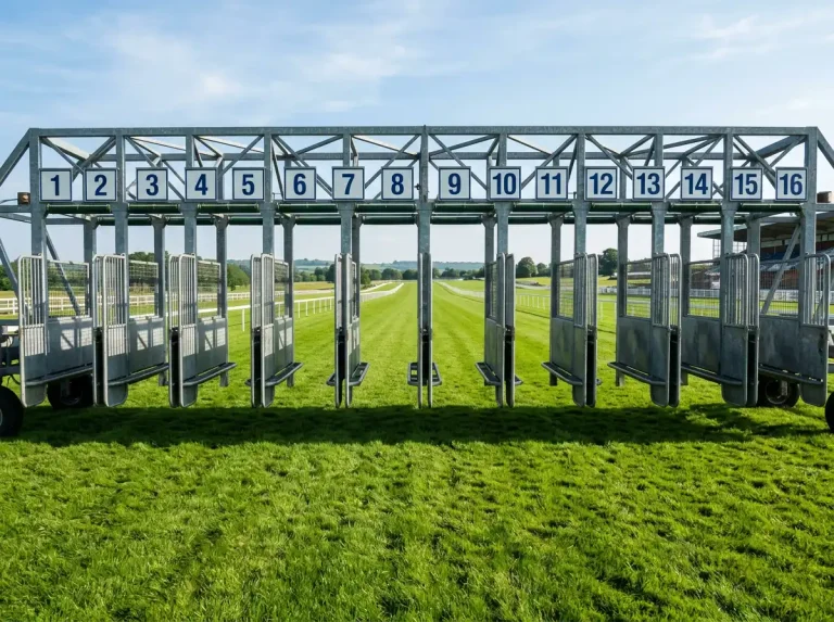 Starting stalls at Epsom Downs with numbered gate positions for the Derby