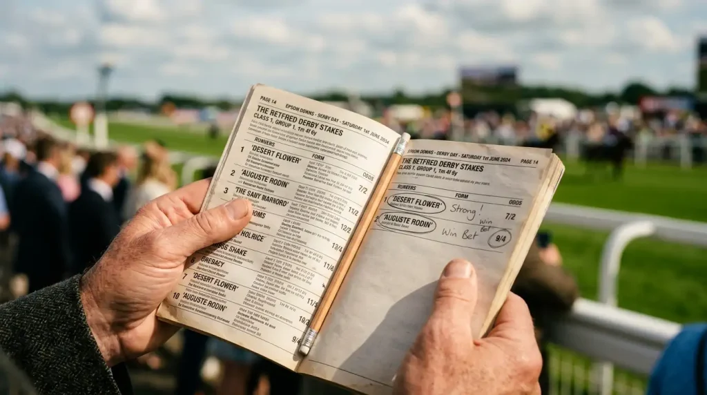 Punter studying a race card at Epsom Downs before placing an each-way Derby bet