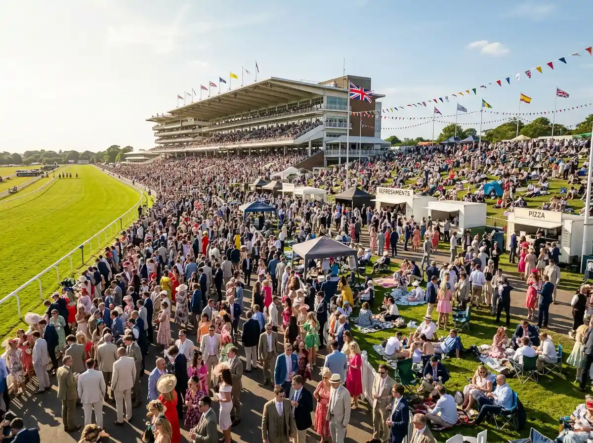 Spectators filling the grandstand and hill enclosure at Epsom Downs on a sunny Derby day