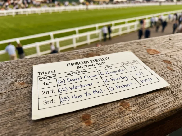 Forecast and tricast betting slip with Epsom Derby runners listed in finishing order