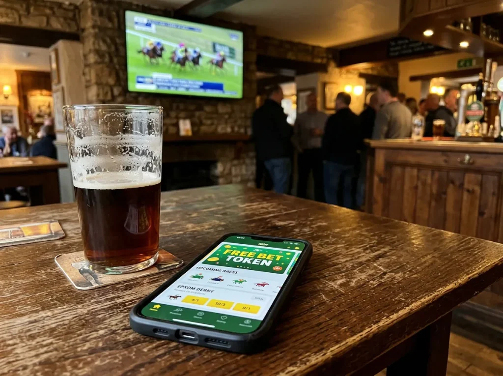 Free bet token icon overlaying the Epsom Downs racecourse on Derby day