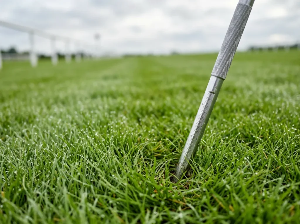 Close-up of Epsom Downs turf with going stick measurement and racecourse markers