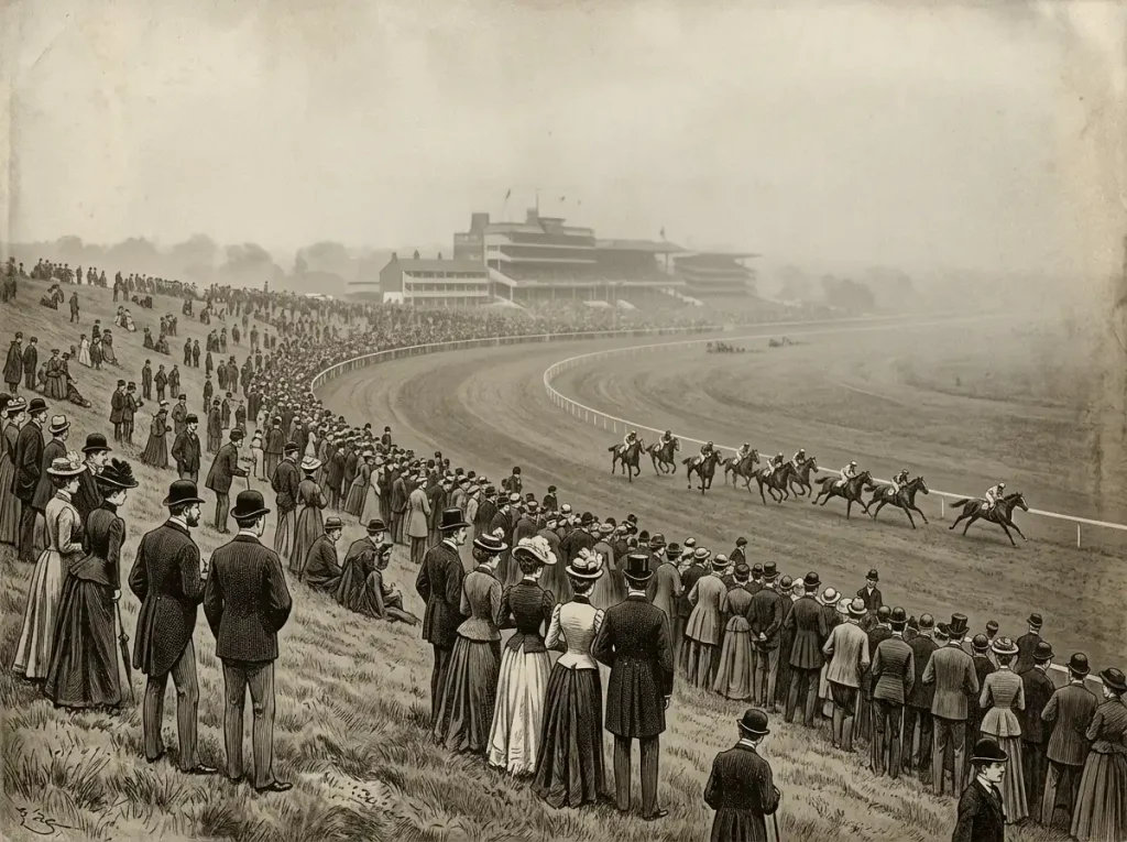 Historical engraving of an early Epsom Derby race on the Downs with spectators on the Hill