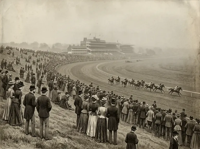 Historical engraving of an early Epsom Derby race on the Downs with spectators on the Hill