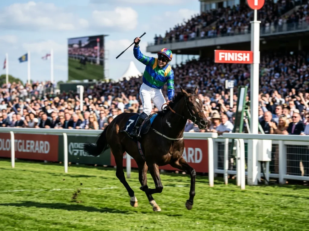 Jockey in racing silks celebrating a Derby victory at Epsom Downs
