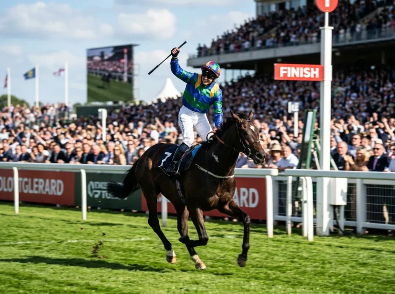 Jockey in racing silks celebrating a Derby victory at Epsom Downs