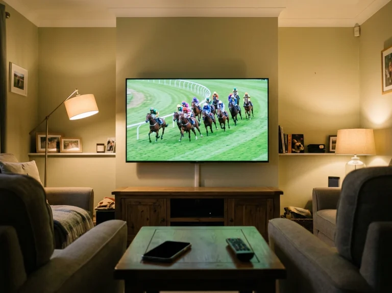 Television screen showing live ITV Racing coverage of the Epsom Derby with betting overlay