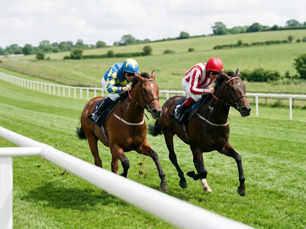 Two racehorses neck and neck at Epsom Downs representing a head-to-head match bet