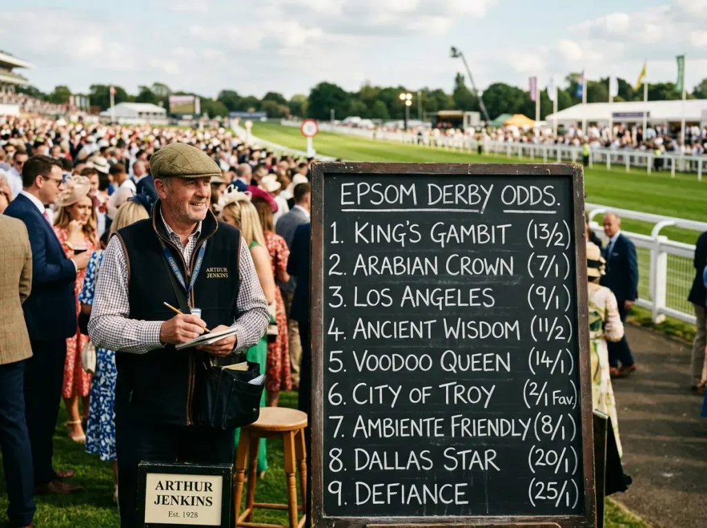 Bookmaker boards displaying Epsom Derby odds at the racecourse betting ring
