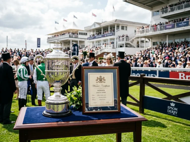 Trophy and cheque presentation at the Epsom Derby winner's enclosure