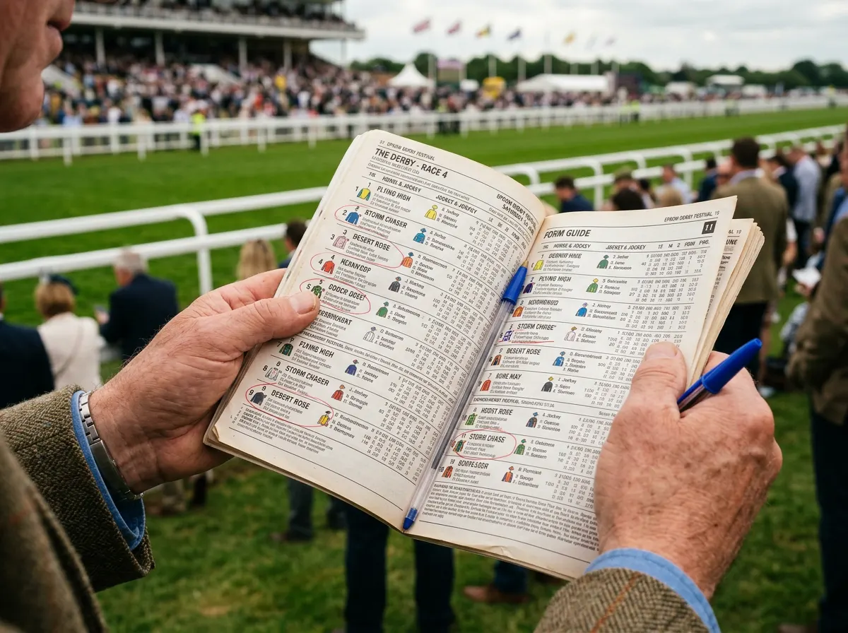 Punter studying a race card and form guide at Epsom Downs with the course visible in the background