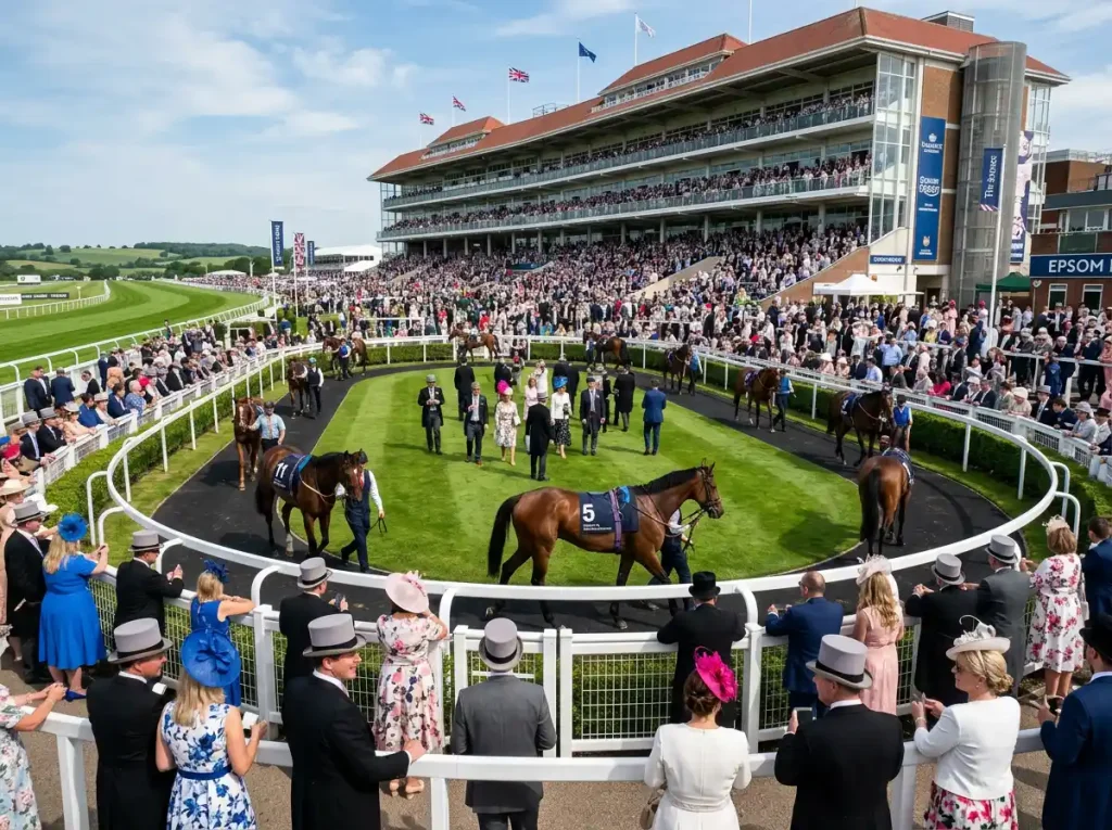 Epsom Downs Racecourse on Derby day with crowds gathered around the parade ring