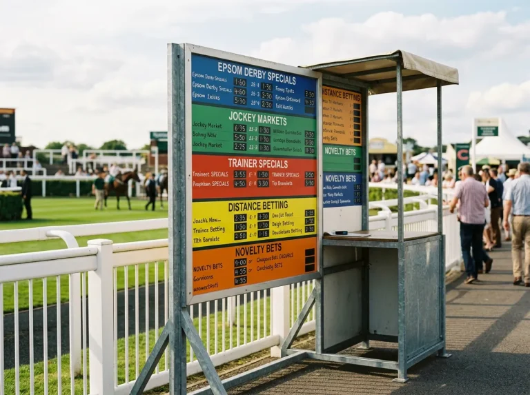 Diverse betting market options displayed on a screen for the Epsom Derby