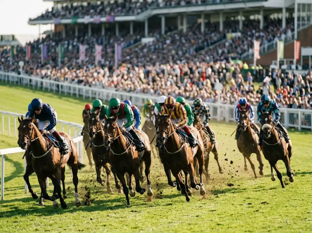 Horses thundering through Tattenham Corner during the Epsom Derby