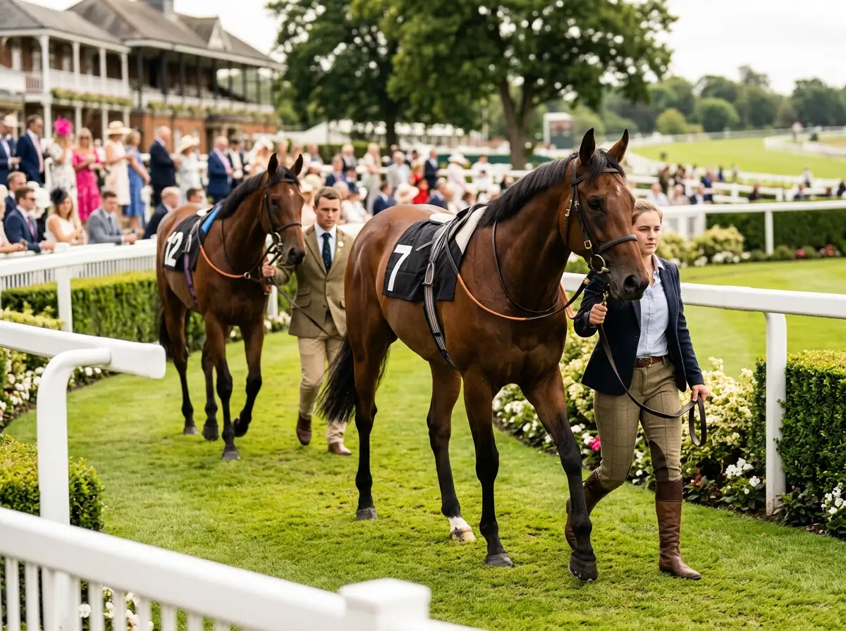 Three-year-old thoroughbred colts being led through the parade ring before a Group 1 flat race