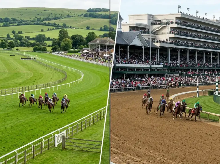Split image comparing Epsom Downs turf course and Churchill Downs dirt track