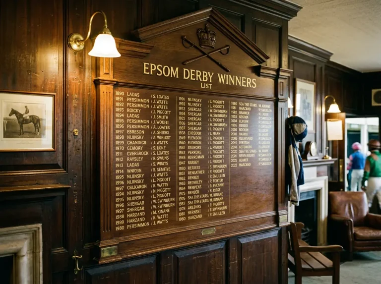 Roll of honour board showing Epsom Derby winners with years and jockey names