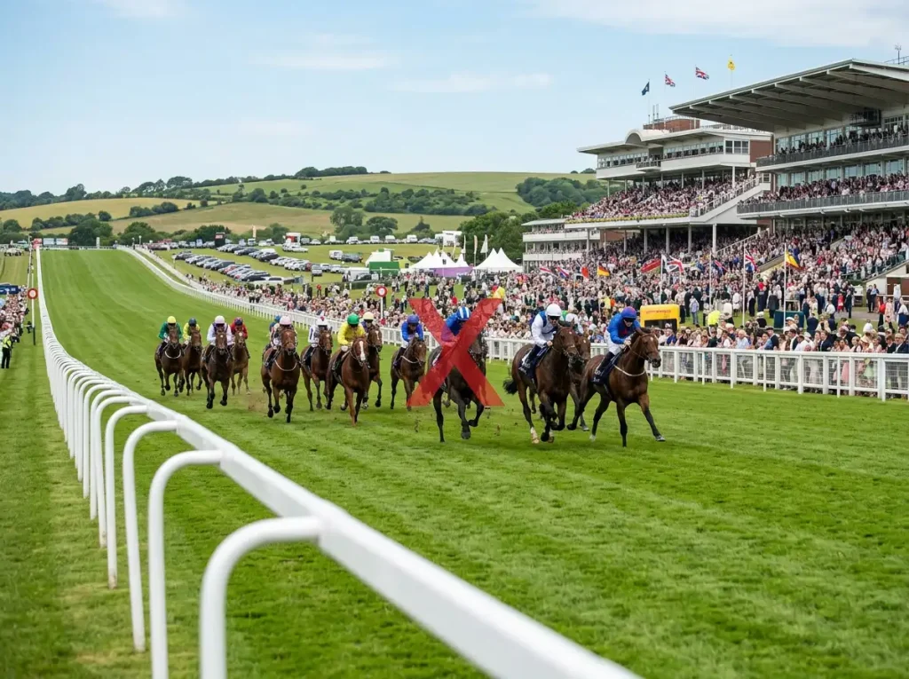 Derby field racing past the grandstand with the favourite highlighted and crossed out