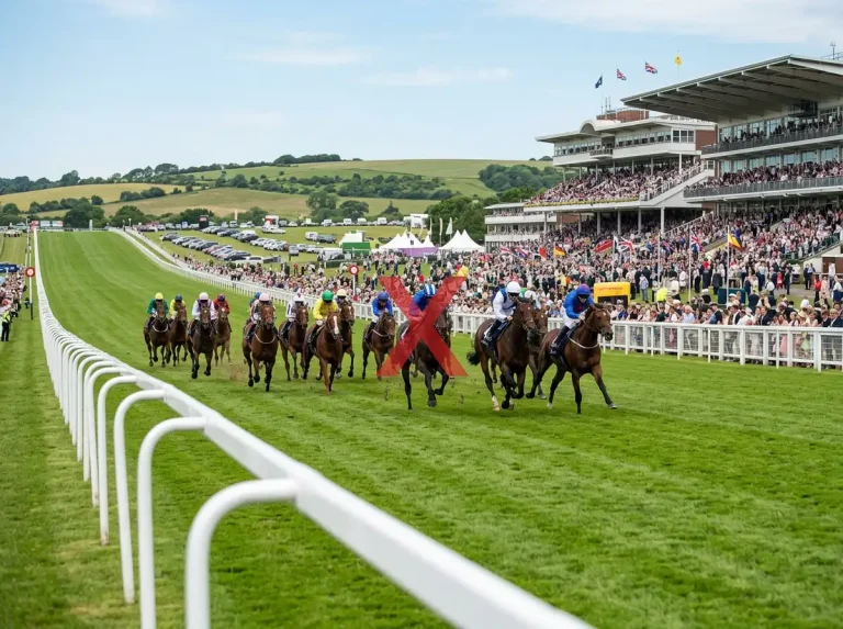 Derby field racing past the grandstand with the favourite highlighted and crossed out