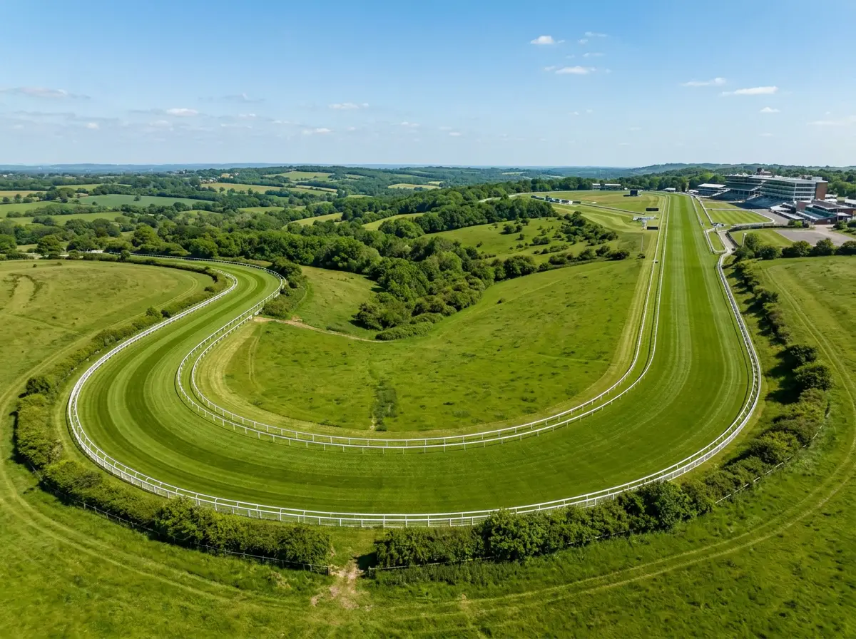 Aerial view of Tattenham Corner at Epsom Downs showing the steep downhill camber and left-handed bend