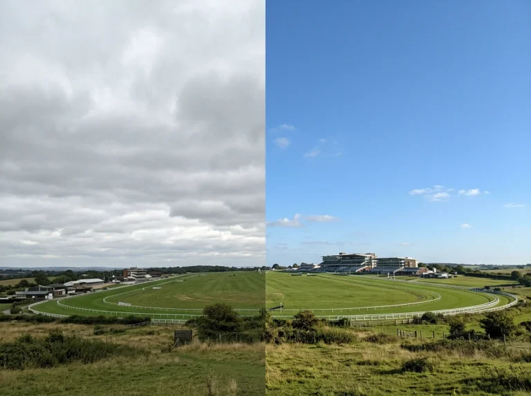 Split view of Epsom Downs on Oaks Friday and Derby Saturday with racing crowds