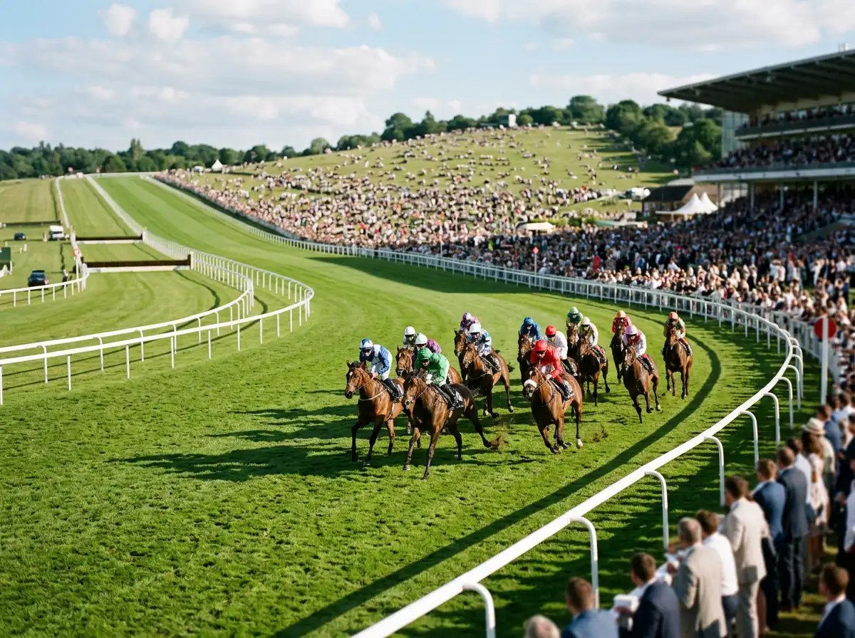 Epsom Downs Racecourse on Derby day with the field racing towards Tattenham Corner