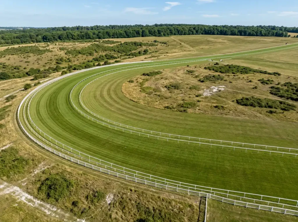 Aerial view of the sweeping left-hand bend at Tattenham Corner on the Epsom Downs course