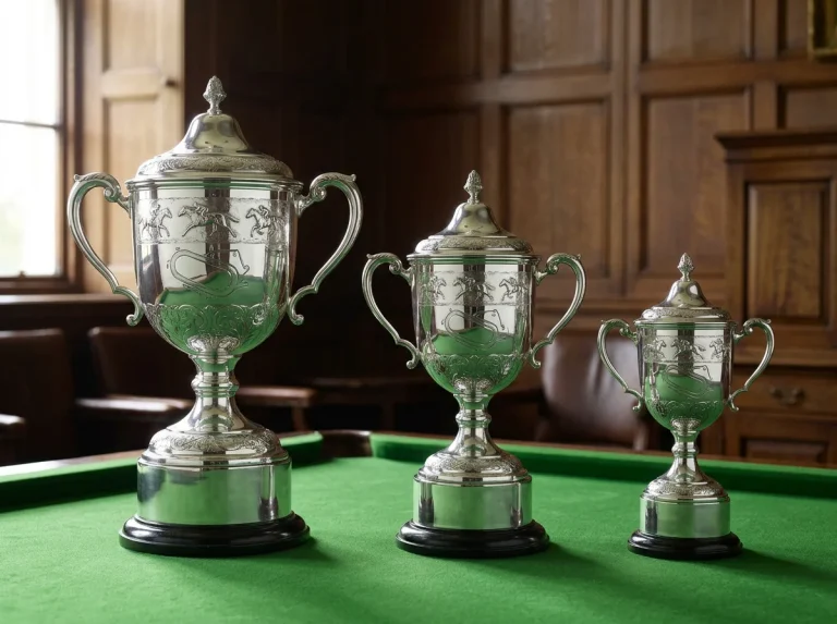 Three classic race trophies arranged together representing the British Triple Crown